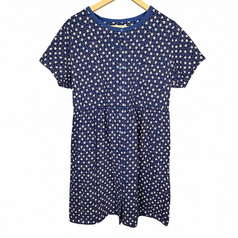 Vintage L.L. Bean Short Summer Floral Dress Pockets Blue Cottagecore XL 80s 90s